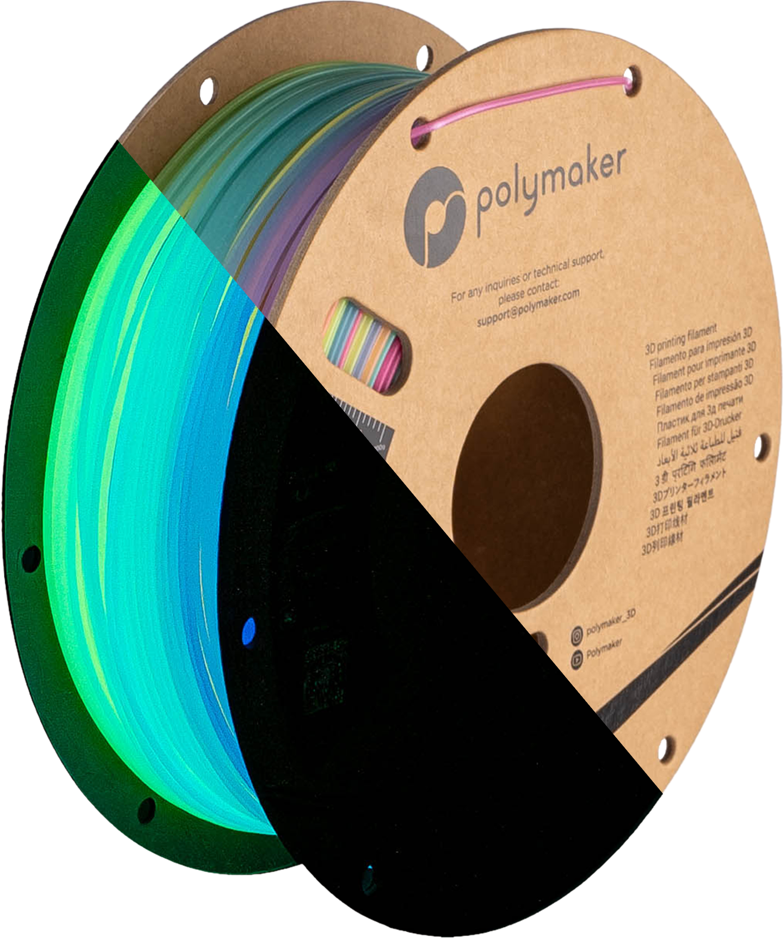 Bobina de filamento PLA arcoíris luminiscente, Polymaker, 1,75 mm