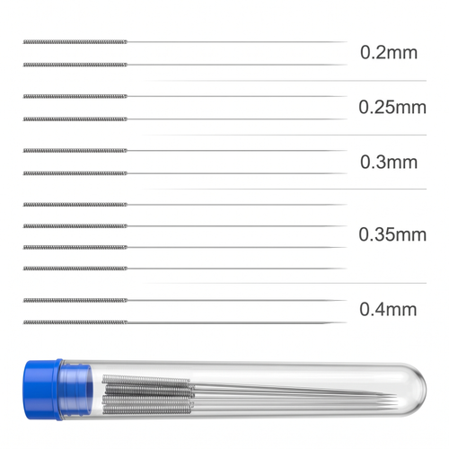 Juego de 12 agujas de limpieza para la boquilla de una impresora 3D con los diámetros indicados 0,2, 0,25, 0,3, 0,35 y 0,4 mm y un tubo transparente