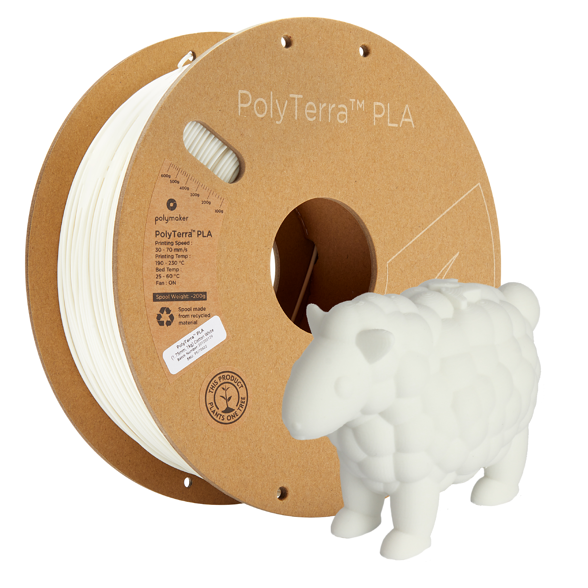 Bobina de filamento PLA blanco mate, Polymaker, 1,75 mm