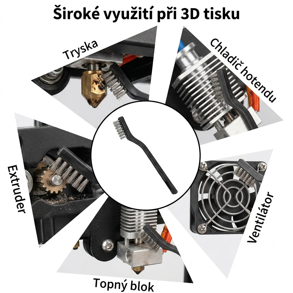 Uso del cepillo metálico para limpiar la impresora 3D: boquilla, disipador del hotend, ventilador, bloque calefactor y extrusor