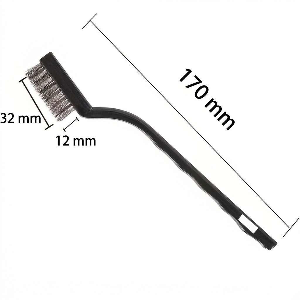 Cepillo metálico de acero inoxidable con mango de plástico negro, 170 mm de largo, cabezal de 32 × 12 mm