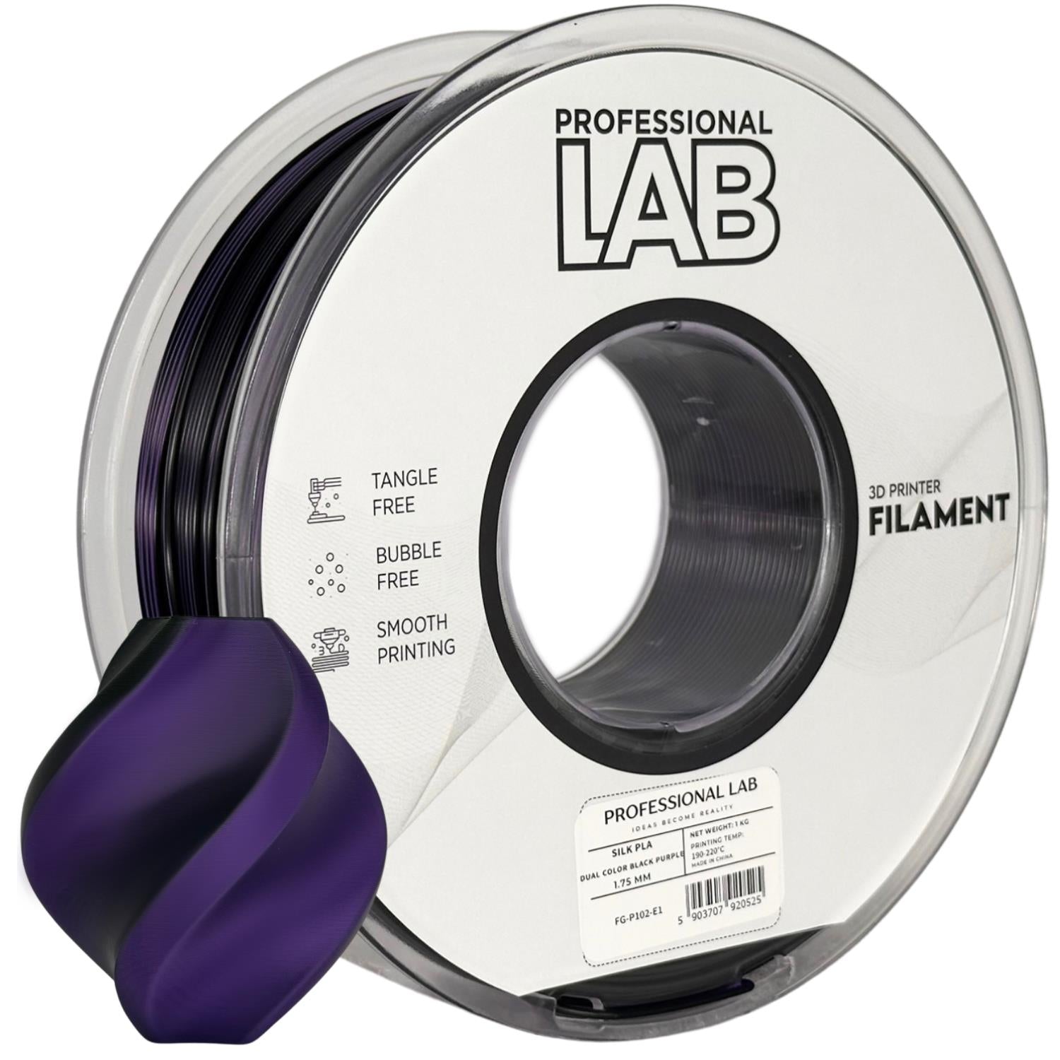 Spool of Silk PLA Dual Color black purple filament, Prof. Lab, 1.75 mm