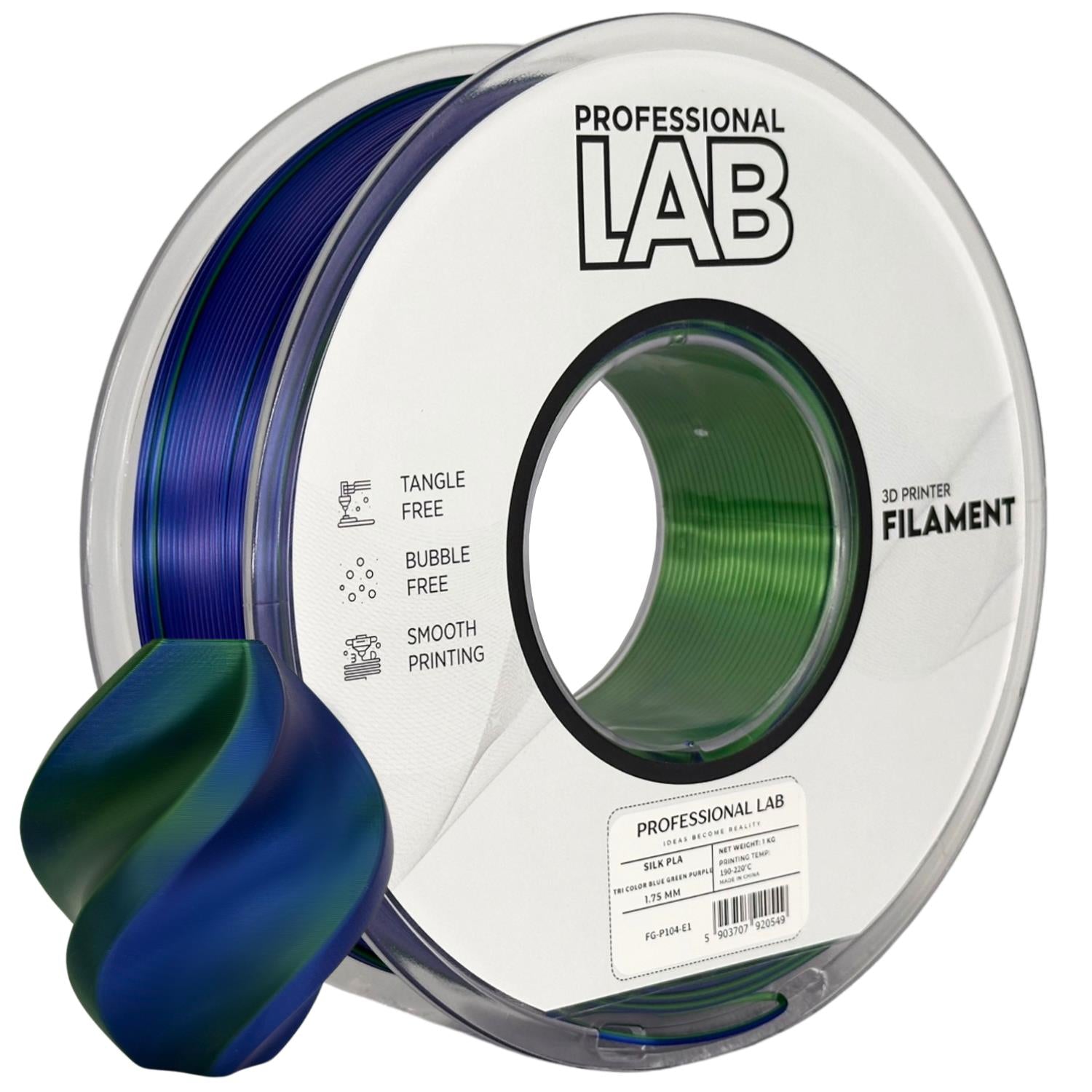 Spool of Silk PLA Tri Color blue green purple filament, Prof. Lab, 1.75 mm