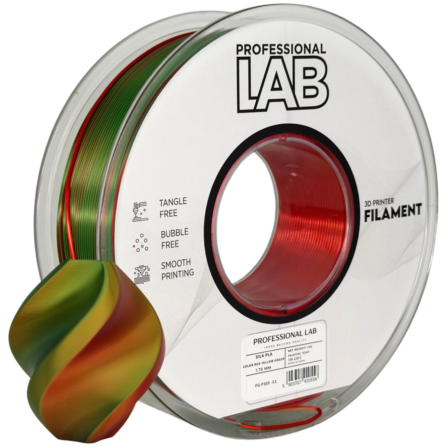 Spool of Silk PLA Tri Color red yellow green filament, Prof. Lab, 1.75 mm