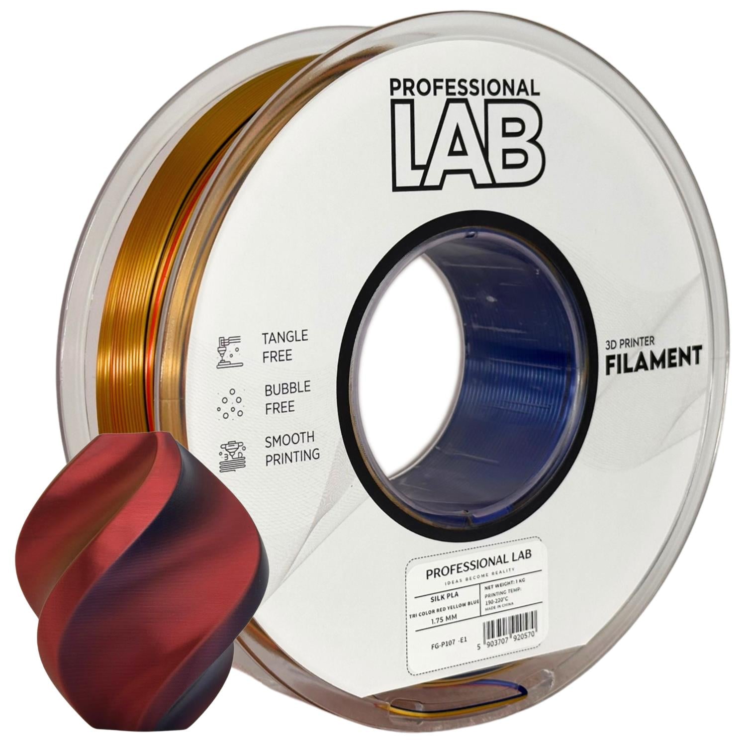 Spool of Silk PLA Tri Color red yellow blue filament, Prof. Lab, 1.75 mm