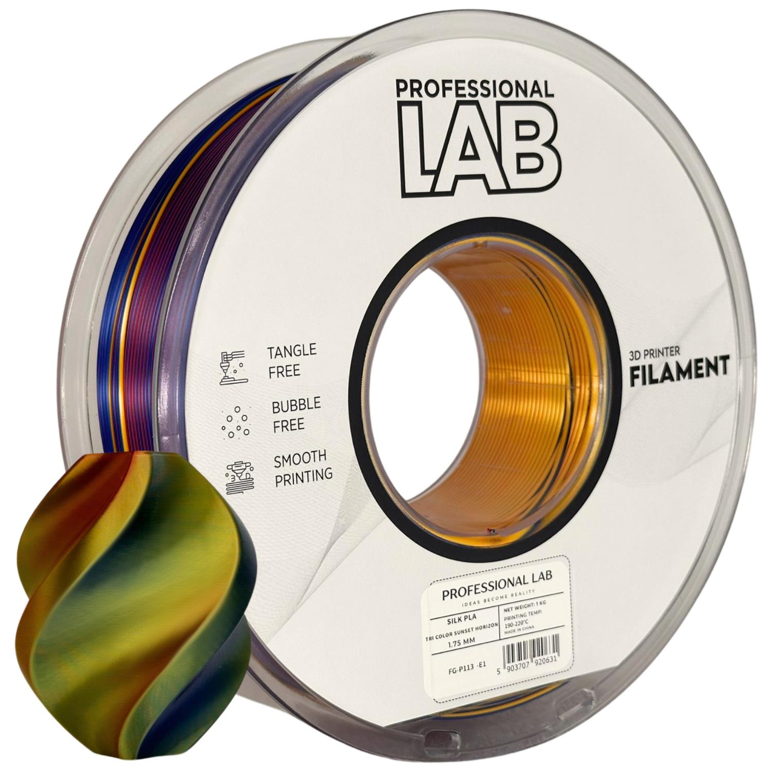 Spool of Silk PLA Tri Color Sunset Horizon filament, Prof. Lab, 1.75 mm