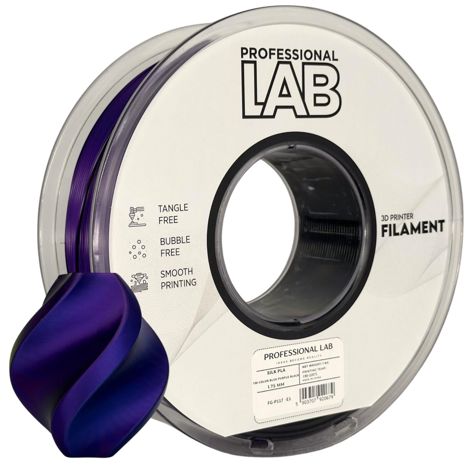 Bobina de filamento Silk PLA Tri Color azul violeta negro, Prof. Lab, 1,75 mm