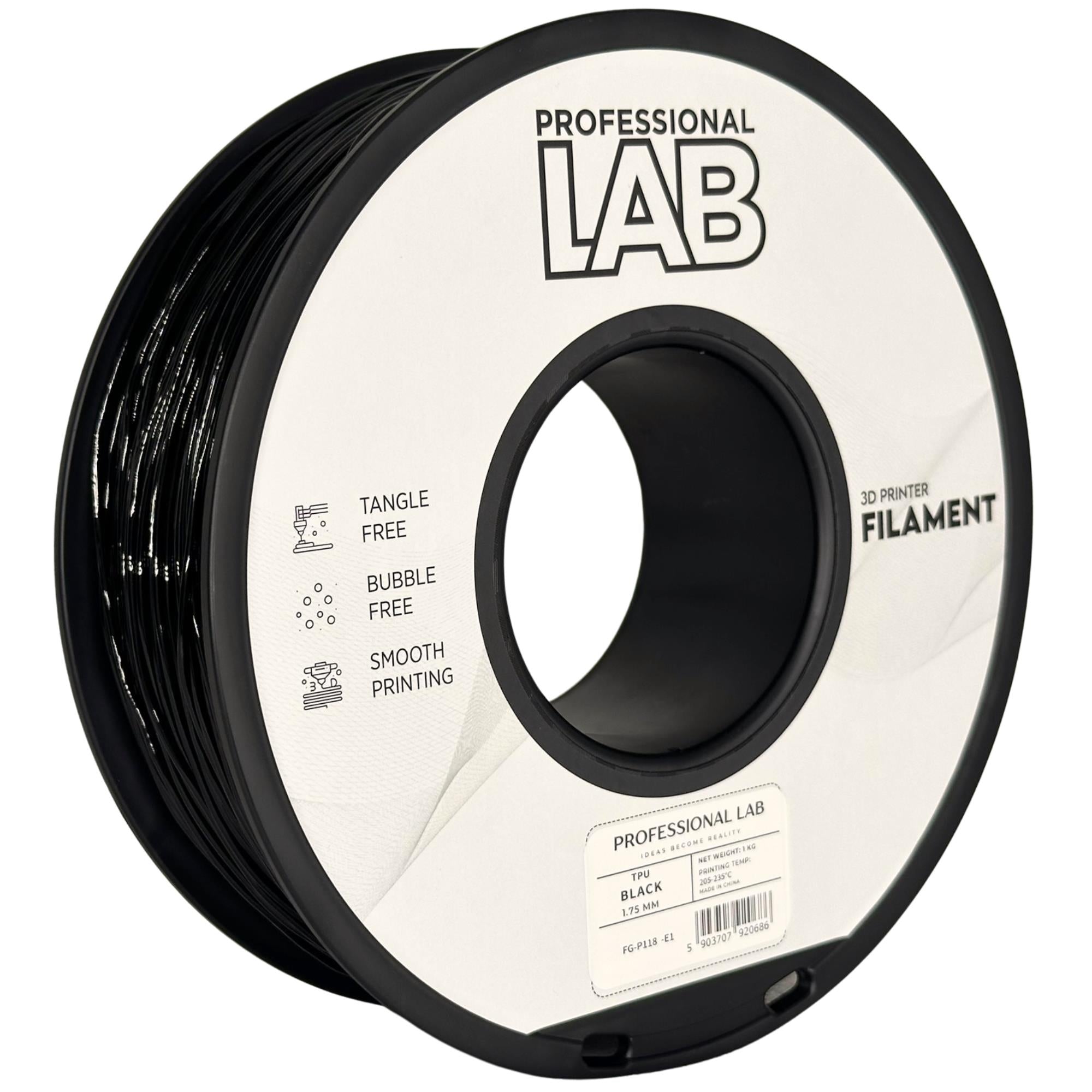 Bobina de filamento TPU negro, Prof. Lab, 1,75 mm