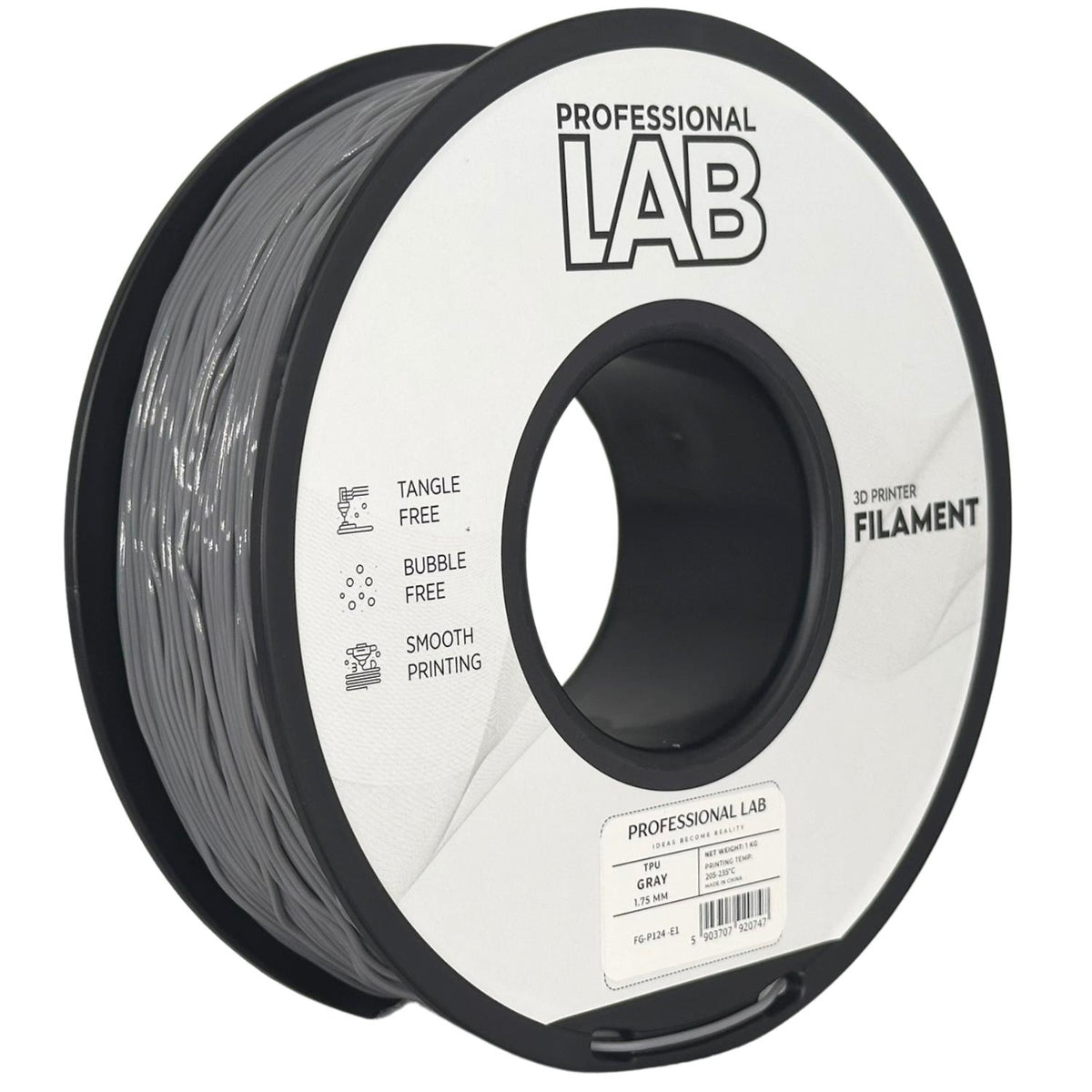 Bobina de filamento TPU gris, Prof. Lab, 1,75 mm