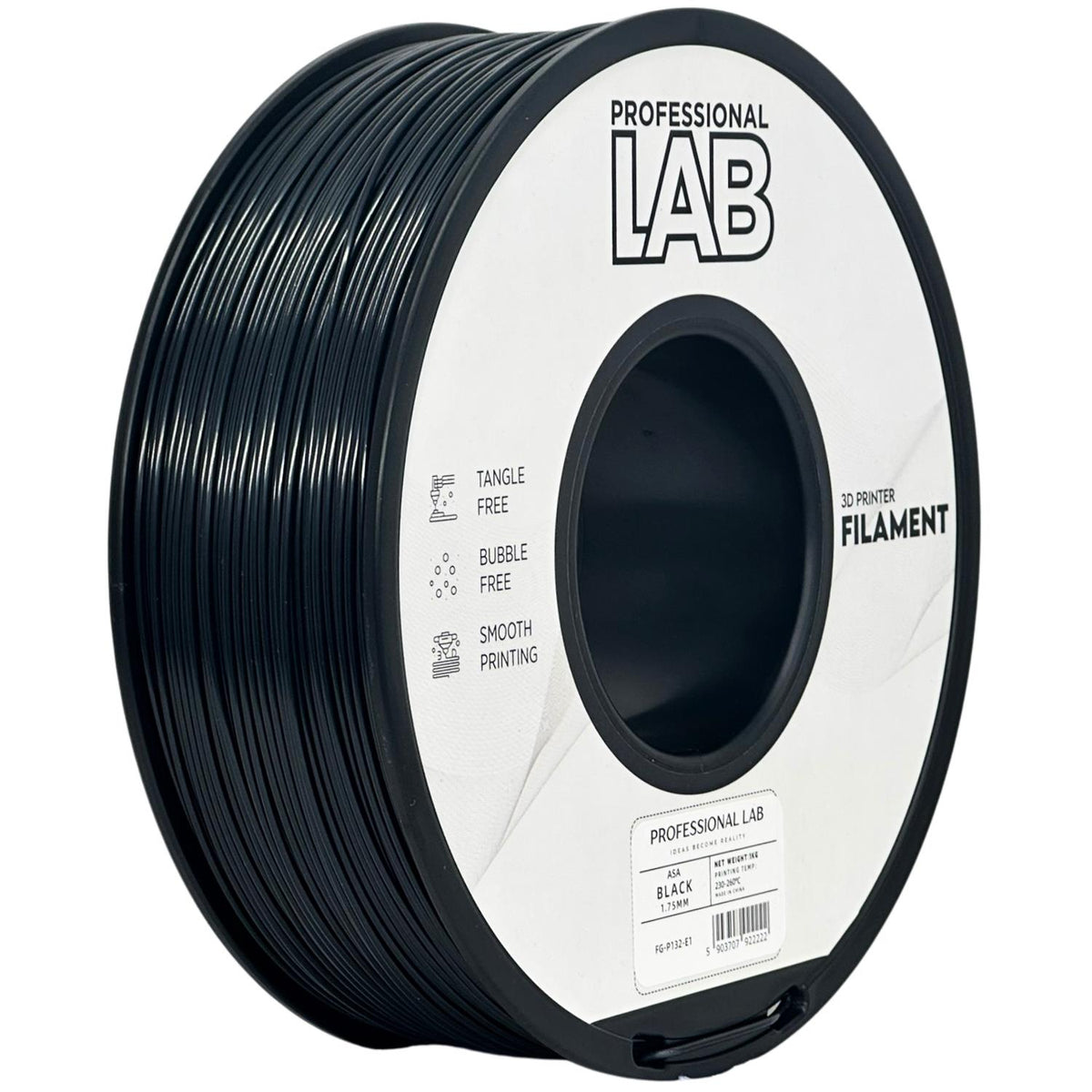 Bobina de filamento ASA negro, Prof. Lab, 1,75 mm