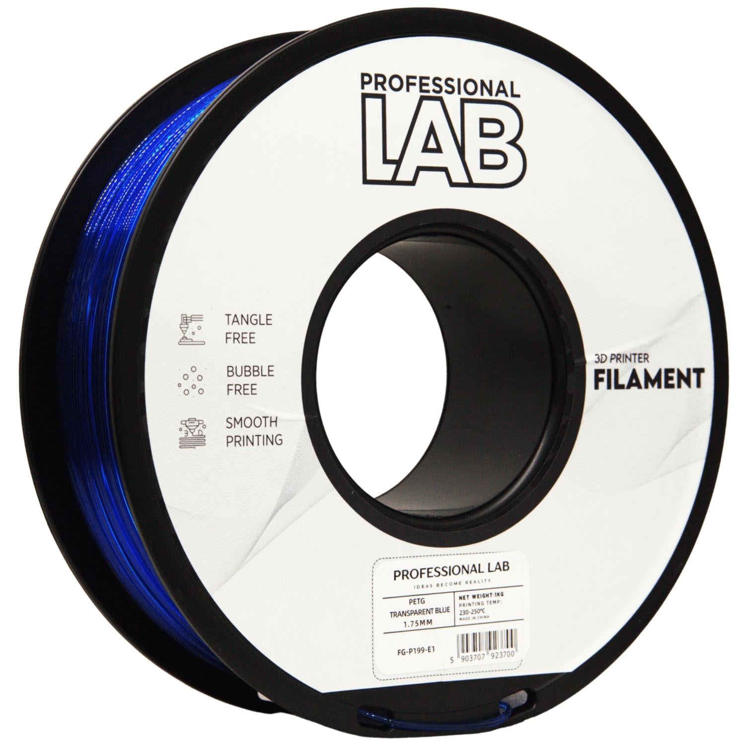 Spool of PETG transparent blue filament, Prof. Lab, 1.75 mm