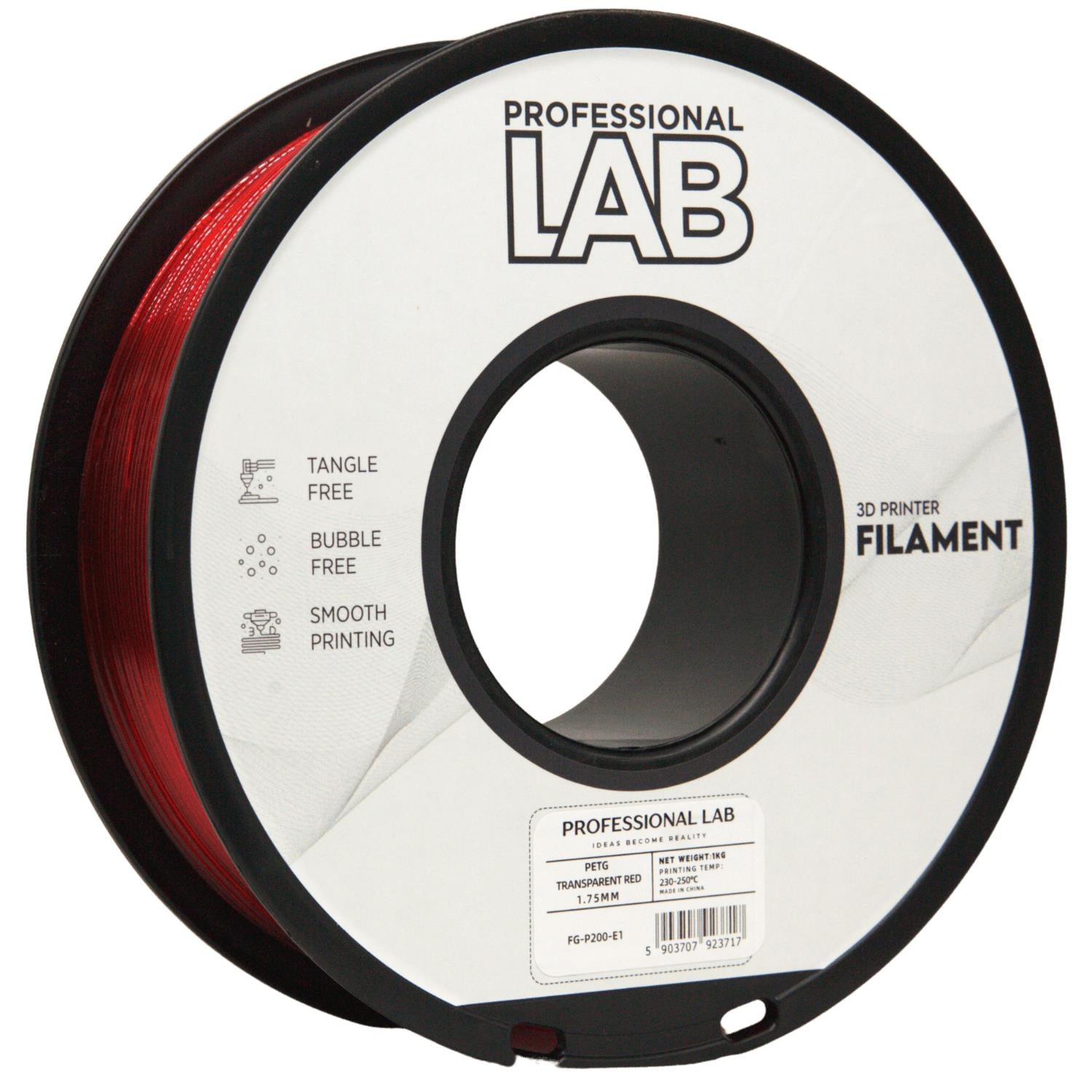 Bobina de filamento PETG rojo transparente, Prof. Lab, 1,75 mm