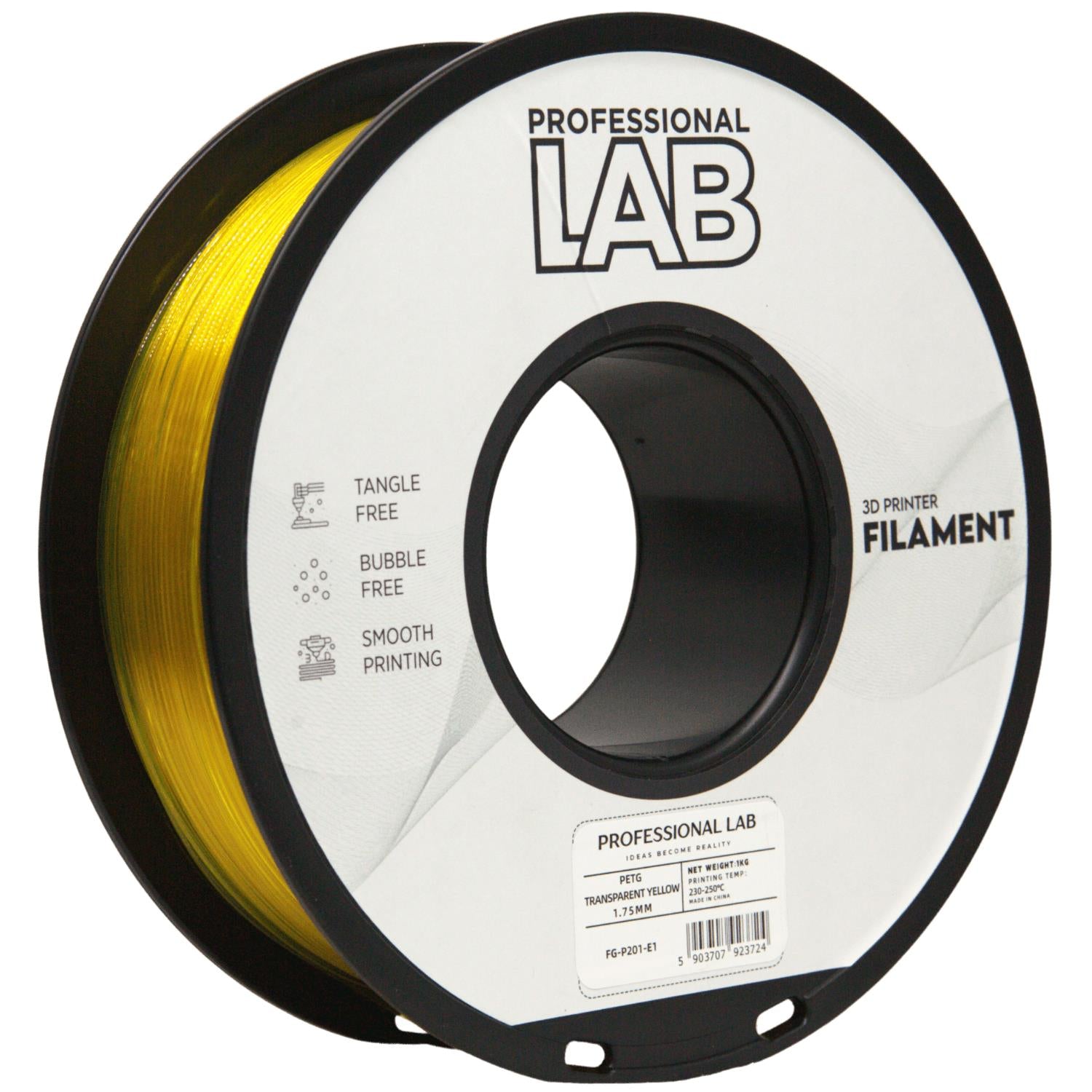 Bobina de filamento PETG amarillo transparente, Prof. Lab, 1,75 mm