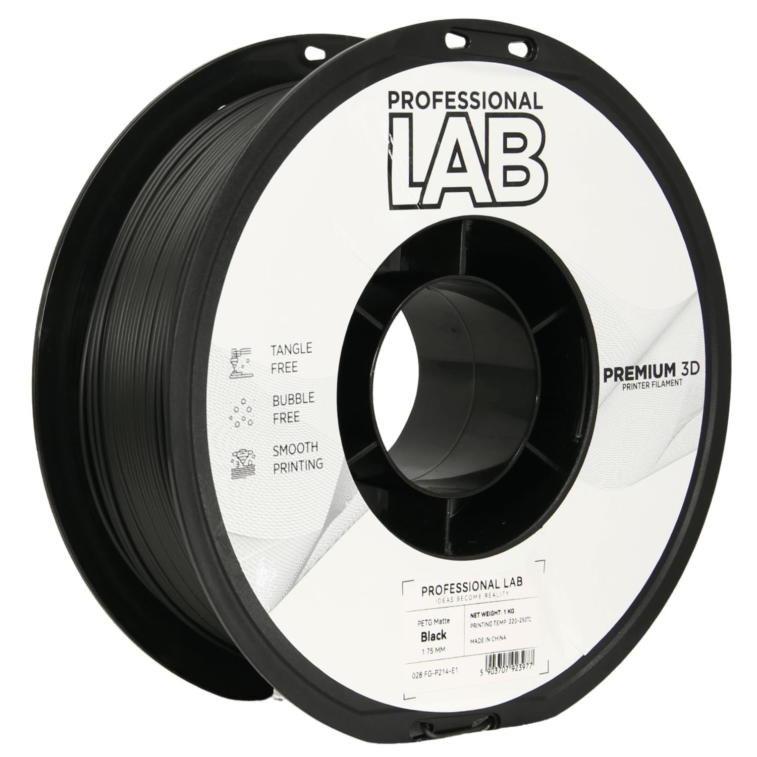 Bobina de filamento PETG negro mate, Prof. Lab, 1,75 mm