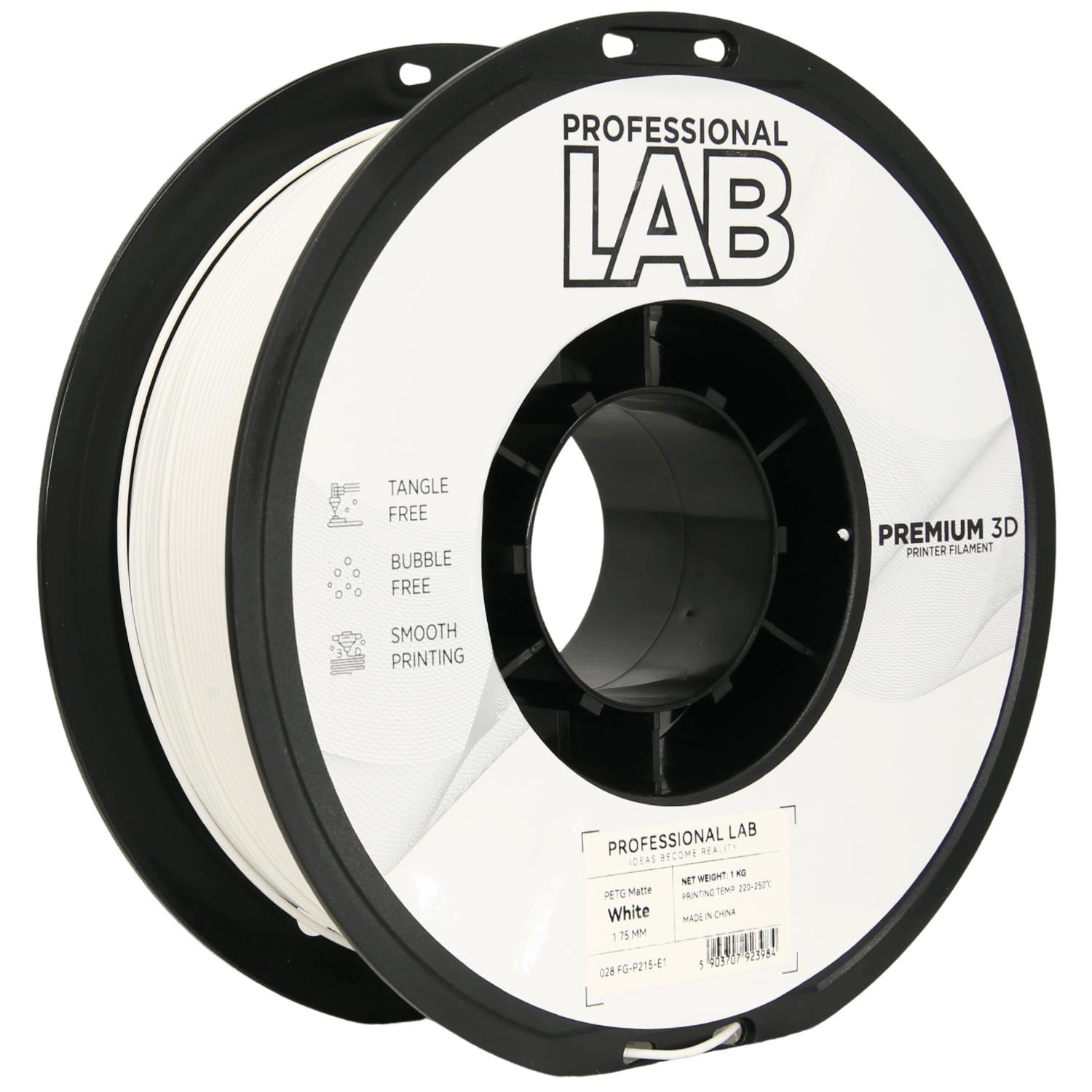 Bobina de filamento PETG blanco mate, Prof. Lab, 1,75 mm