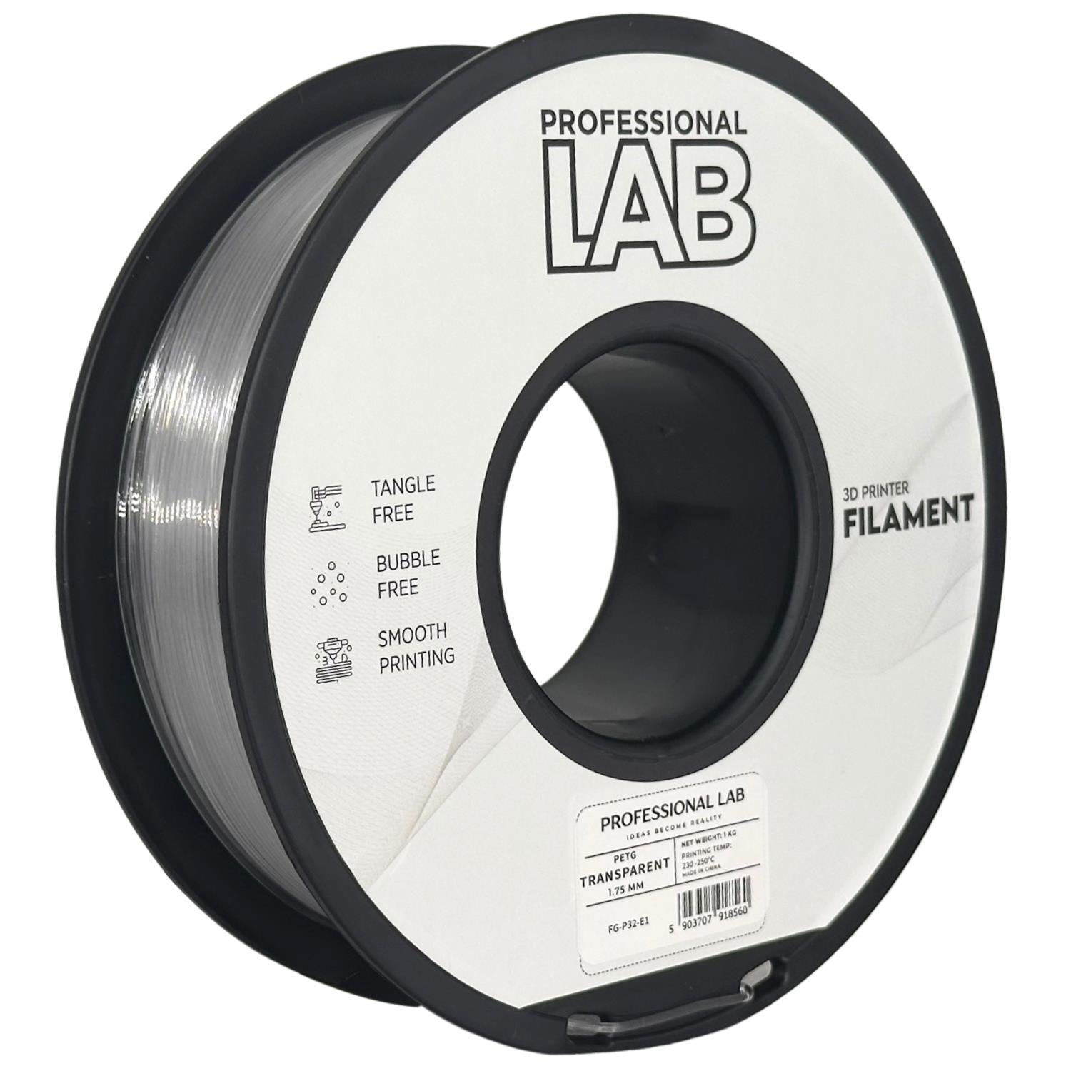 Bobina de filamento PETG transparente, Prof. Lab, 1,75 mm