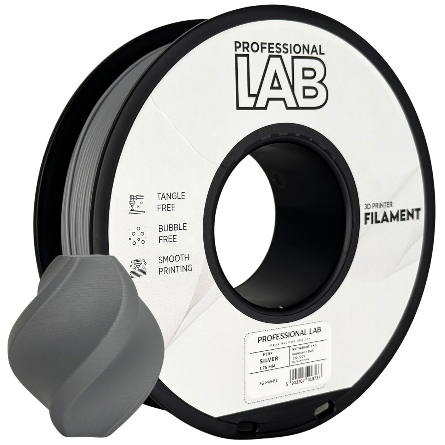 Bobina de filamento PLA+ plata, Prof. Lab, 1,75 mm