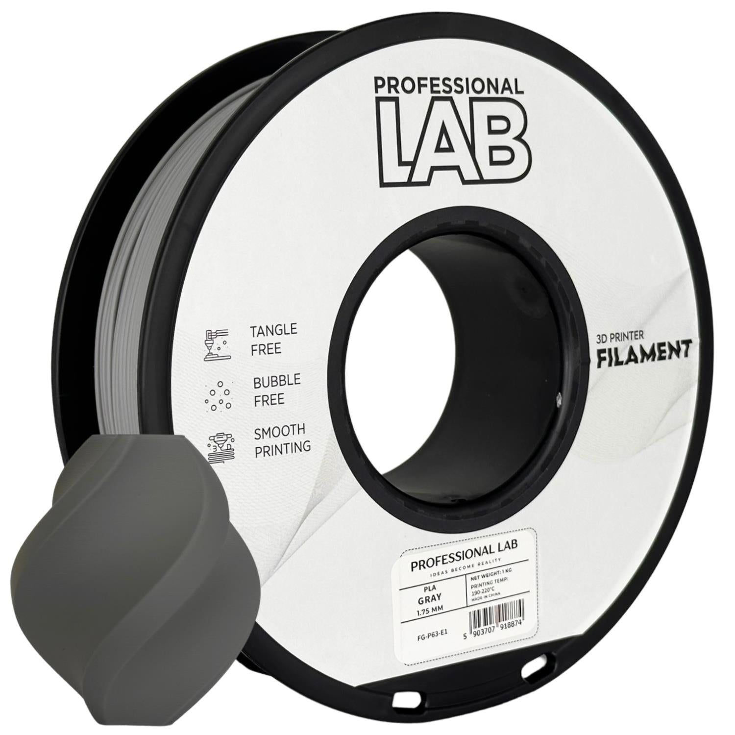 Bobina de filamento PLA gris, Prof. Lab, 1,75 mm