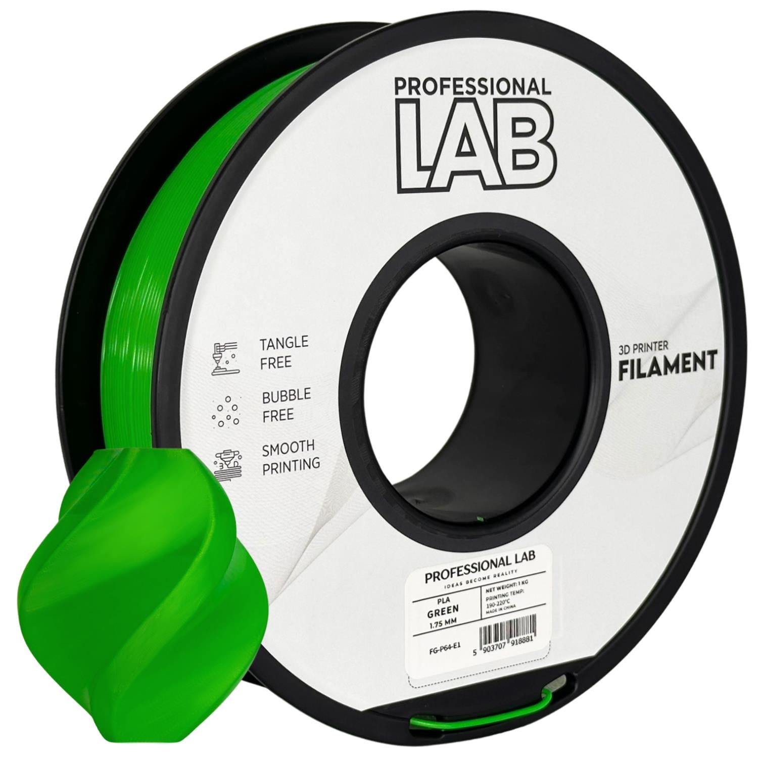 Bobina de filamento PLA verde, Prof. Lab, 1,75 mm