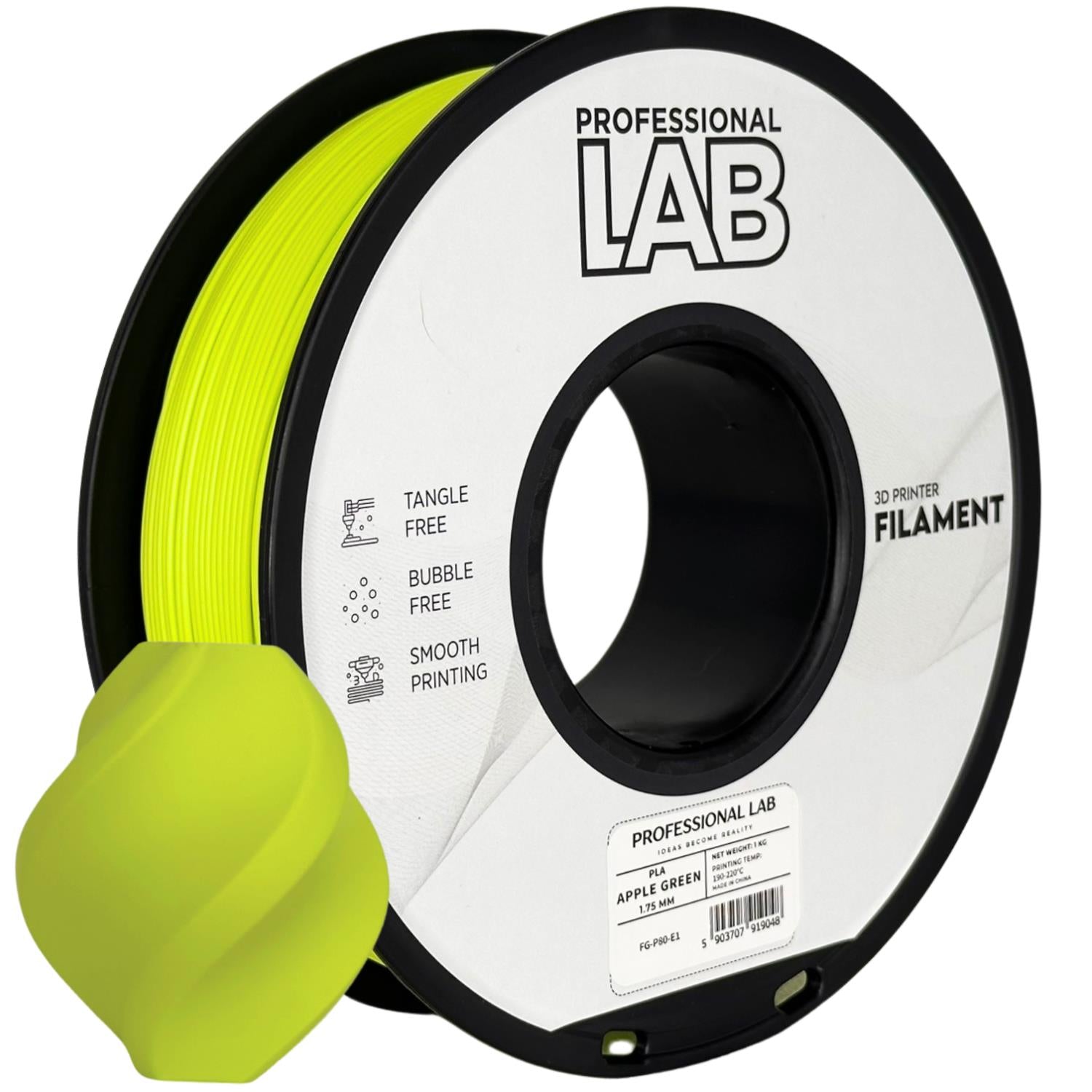 Bobina de filamento PLA verde manzana, Prof. Lab, 1,75 mm