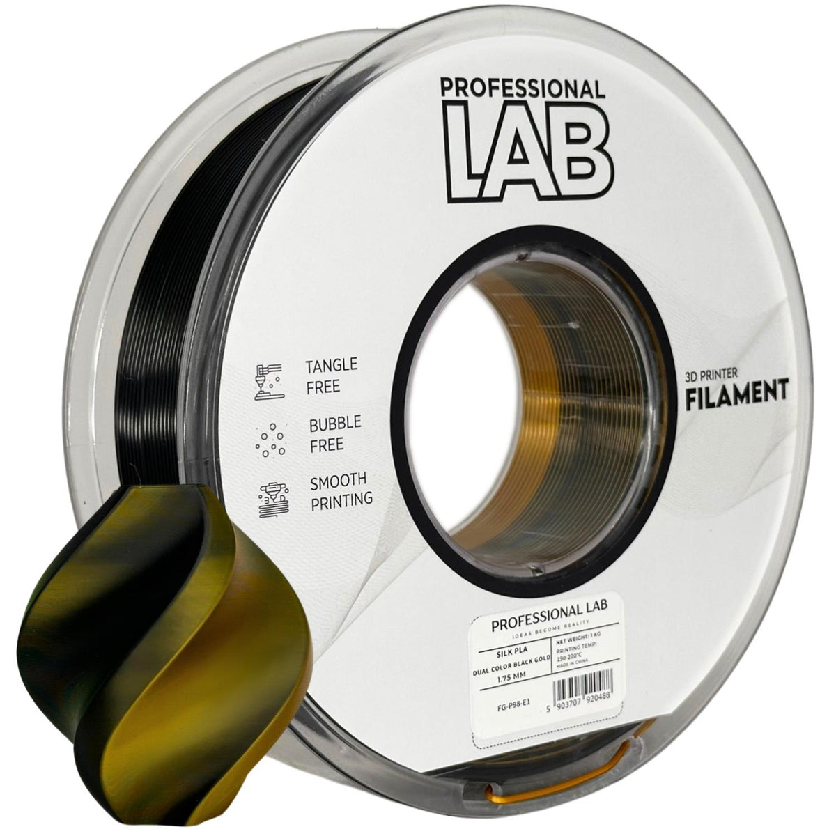 Bobina de filamento Silk PLA Dual Color negro oro, Prof. Lab, 1,75 mm