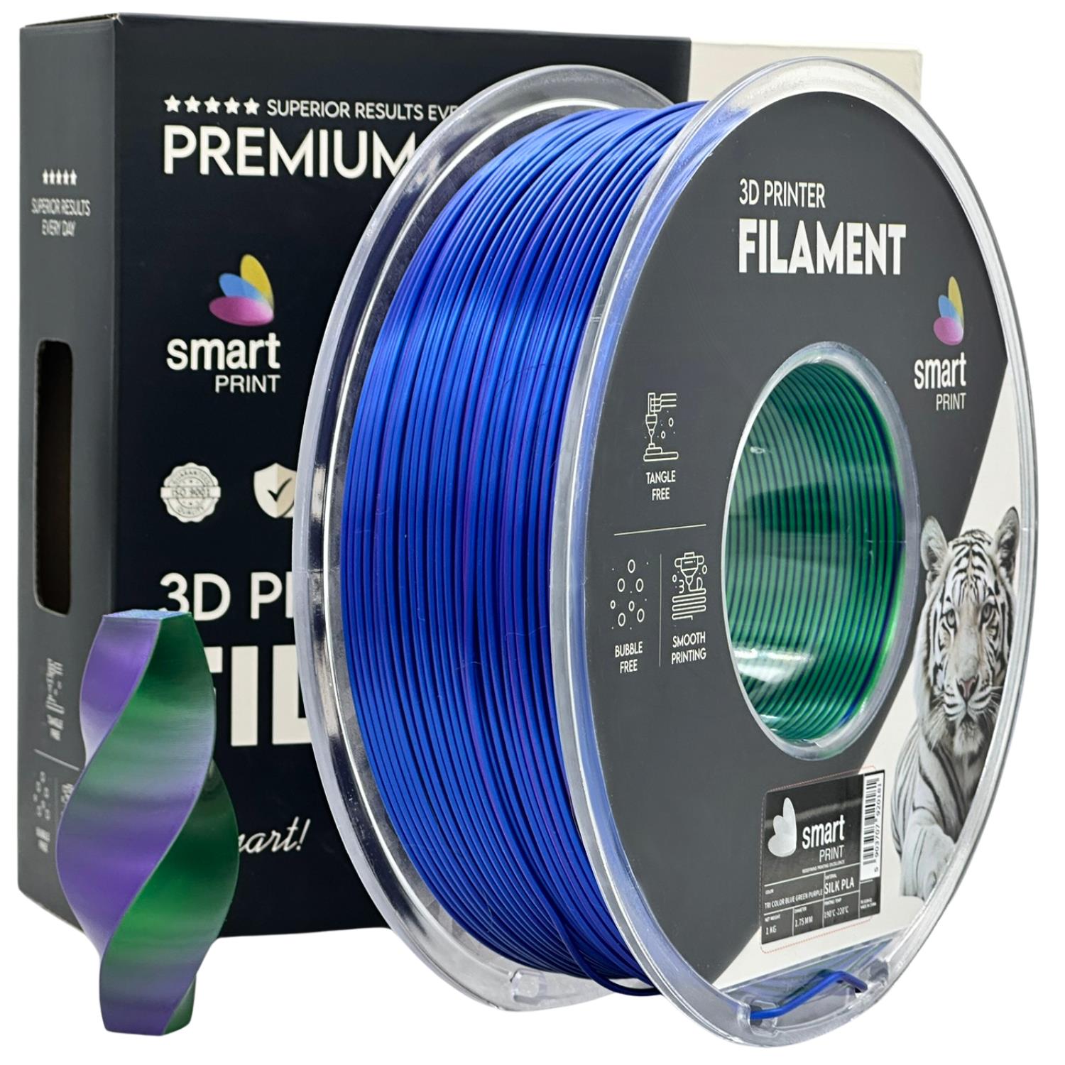 Spool of Silk PLA Tri Color blue green purple filament, Smart Print, 1.75 mm