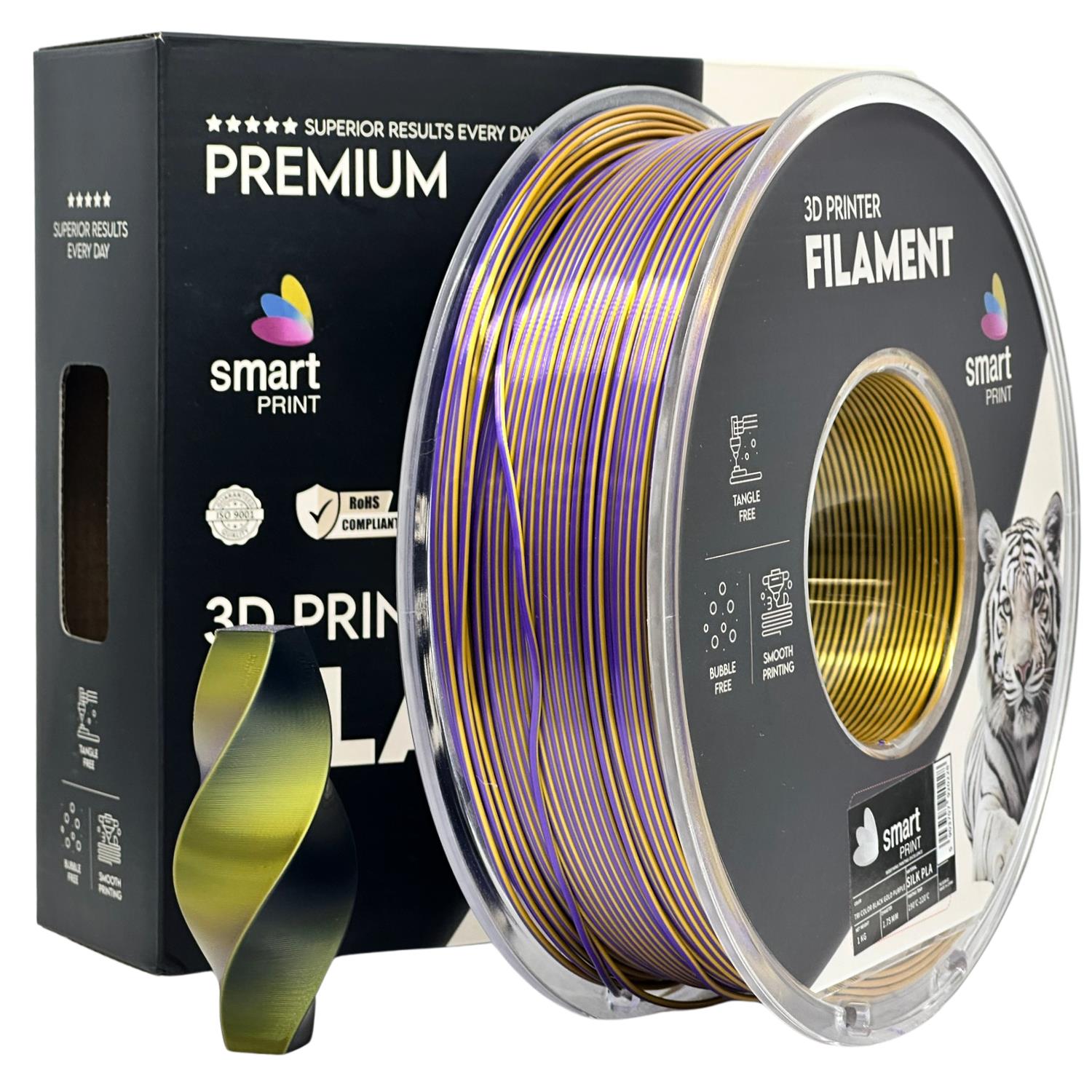 Spool of Silk PLA Tri Color black gold purple filament, Smart Print, 1.75 mm