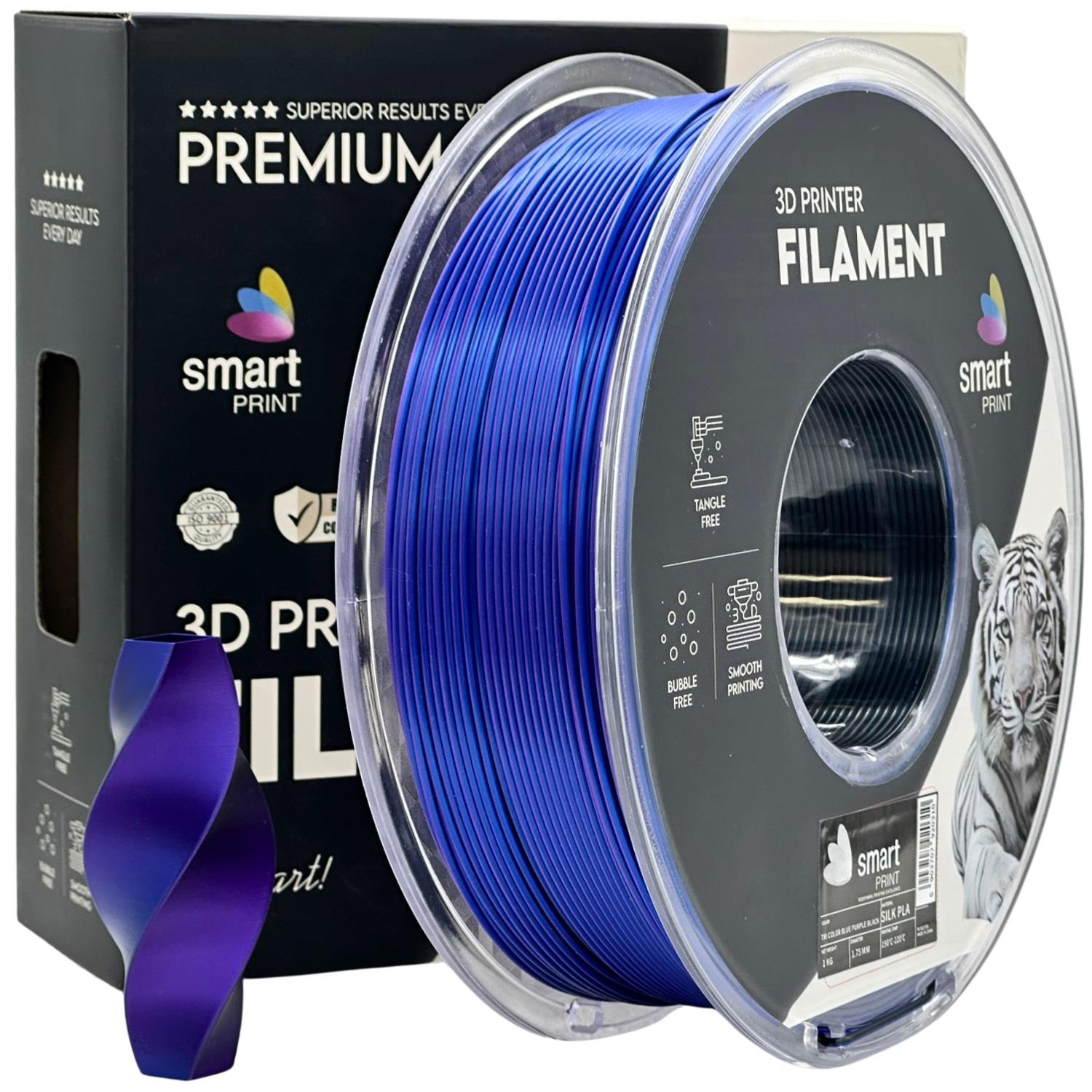 Spool of Silk PLA Tri Color blue purple black filament, Smart Print, 1.75 mm