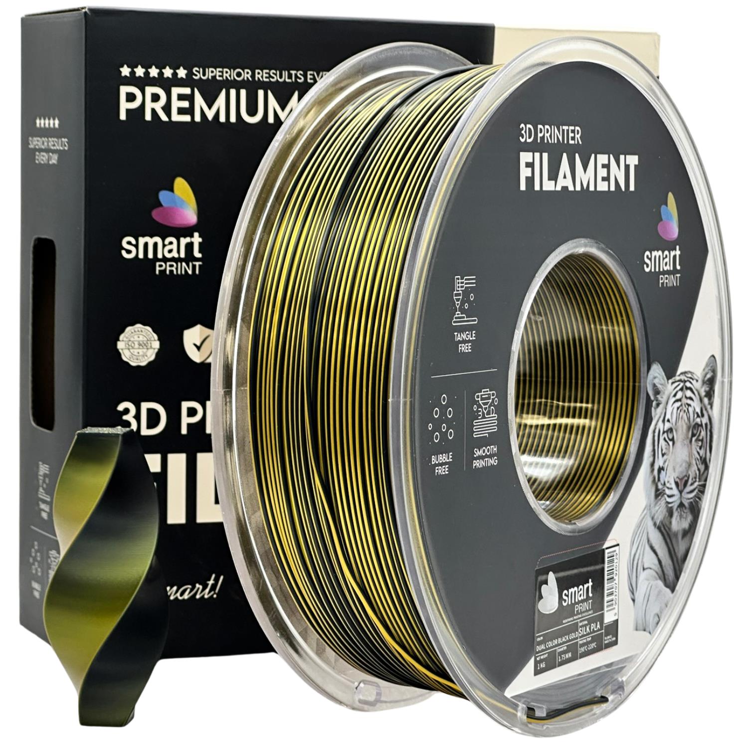 Bobina de filamento Silk PLA Dual Color negro oro, Smart Print, 1,75 mm