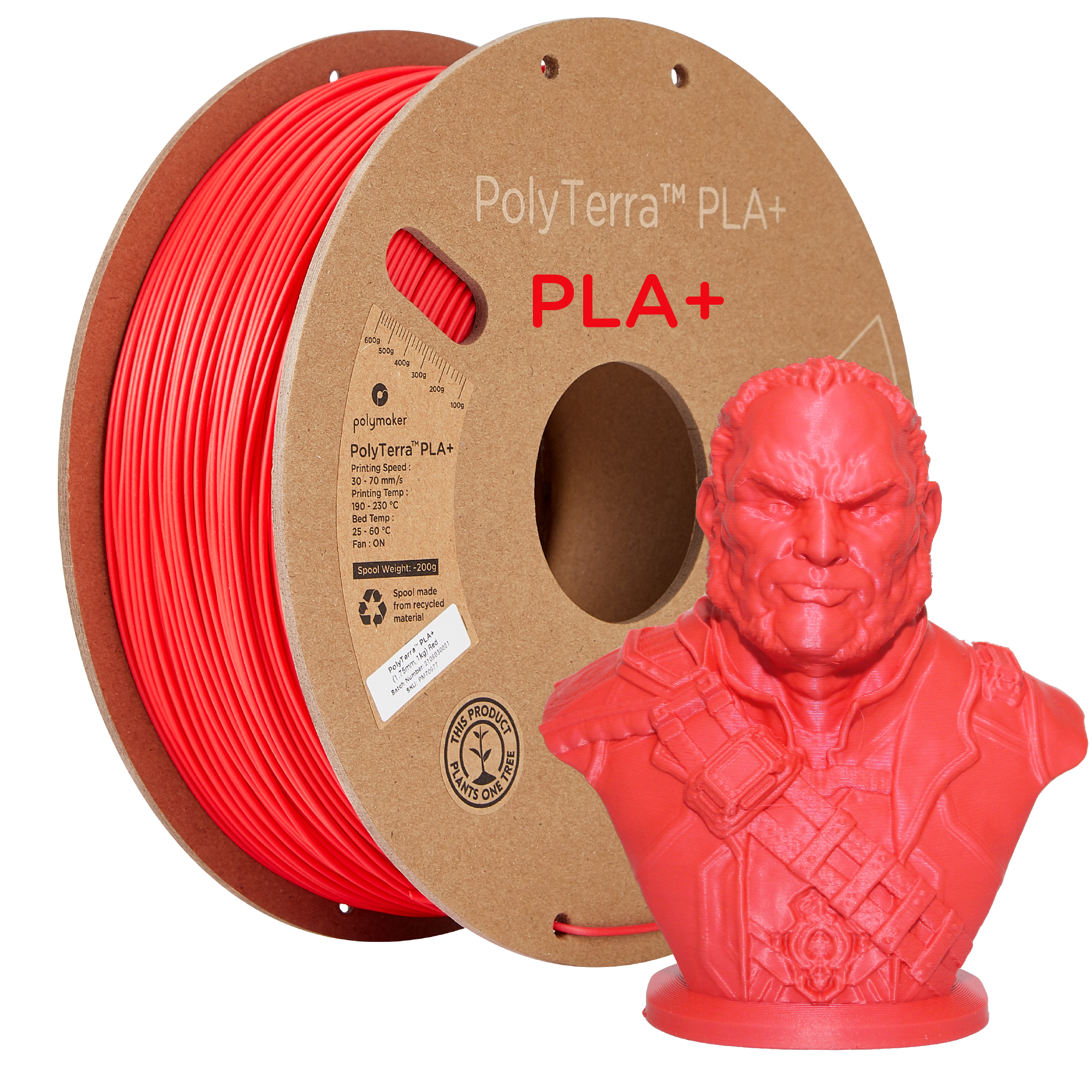 Bobina de filamento PLA+ rojo satinado, Polymaker, 1,75 mm